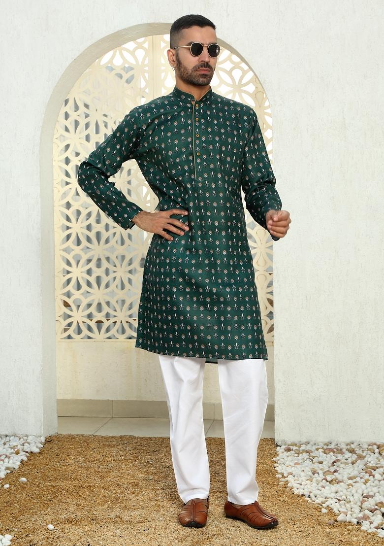 Mehendi Green Floral Cotton Kurta For Men