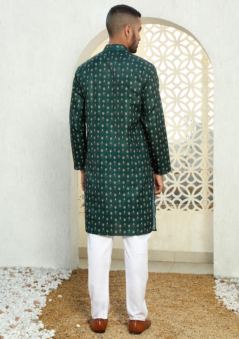 Mehendi Green Floral Cotton Kurta For Men