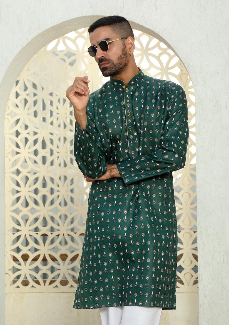 Mehendi Green Floral Cotton Kurta For Men
