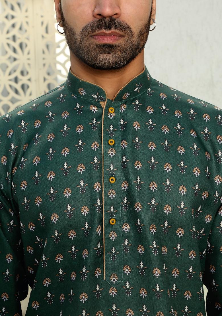 Mehendi Green Floral Cotton Kurta For Men