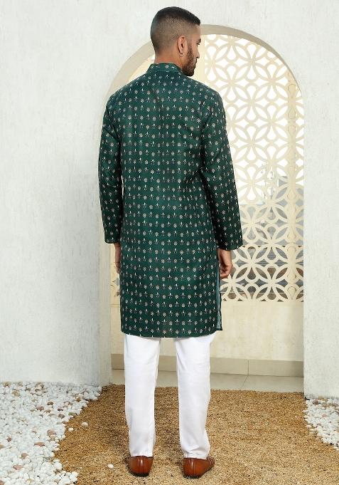 Mehendi Green Floral Cotton Kurta For Men