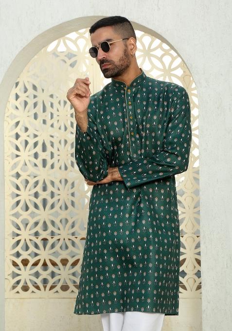 Mehendi Green Floral Cotton Kurta For Men