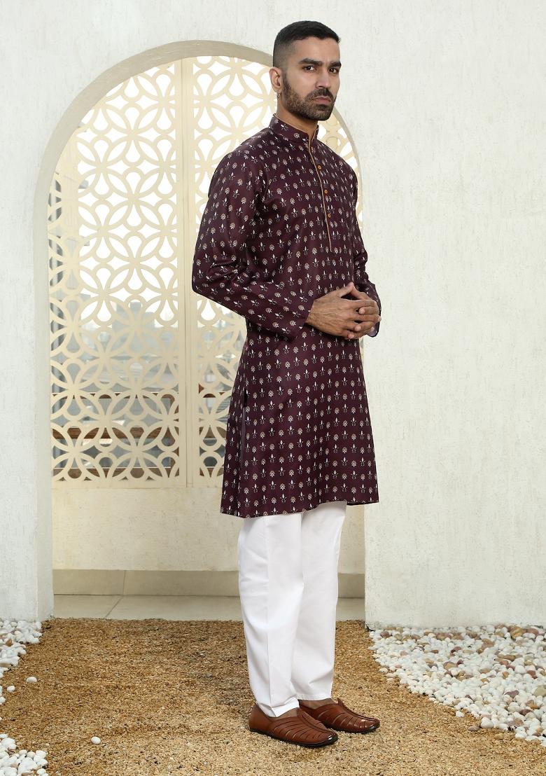 Wine Floral Cotton Kurta For Men