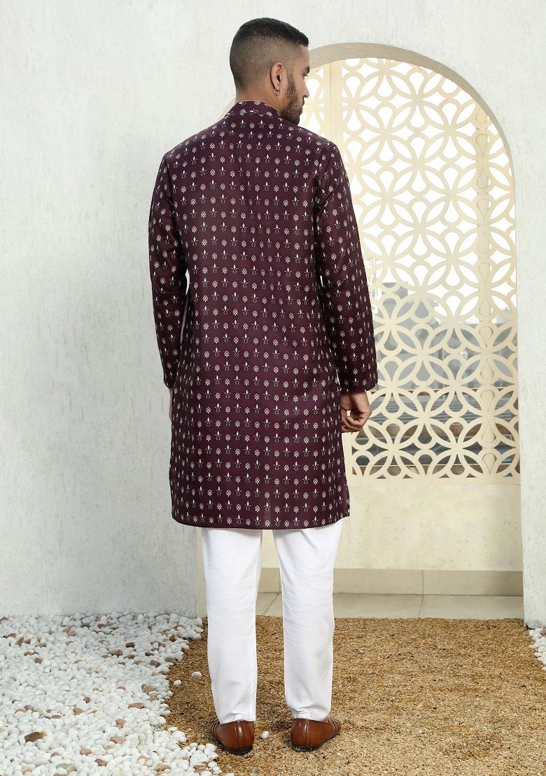 Wine Floral Cotton Kurta For Men