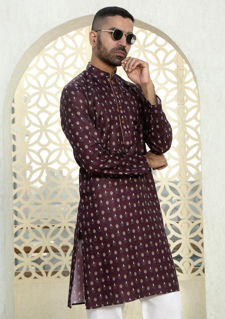 Wine Floral Cotton Kurta For Men