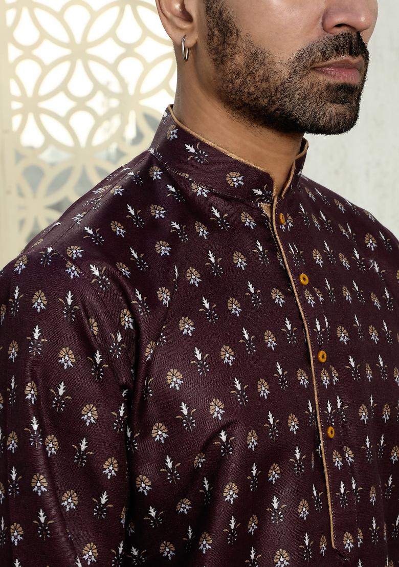 Wine Floral Cotton Kurta For Men