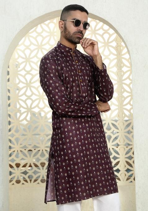 Wine Floral Cotton Kurta For Men