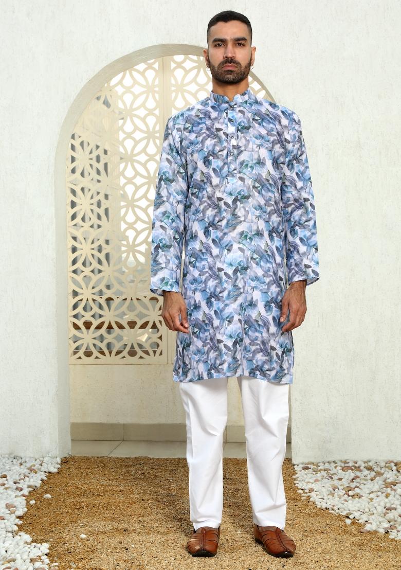 Blue Floral Cotton Kurta For Men