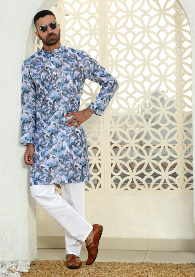 Blue Floral Cotton Kurta For Men