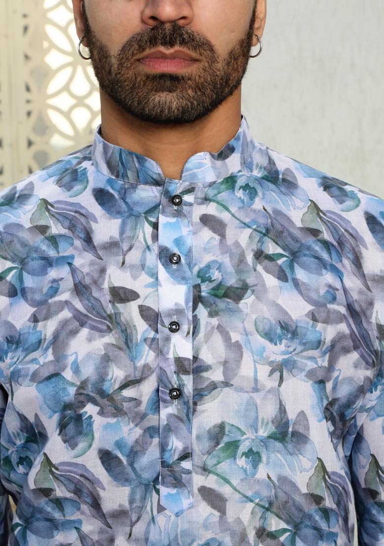 Blue Floral Cotton Kurta For Men