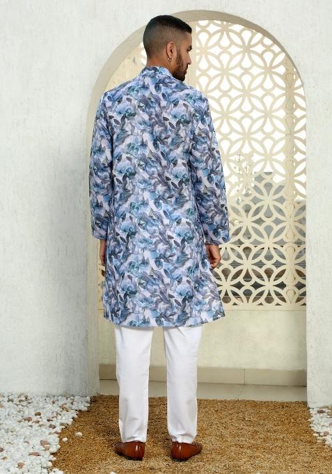 Blue Floral Cotton Kurta For Men