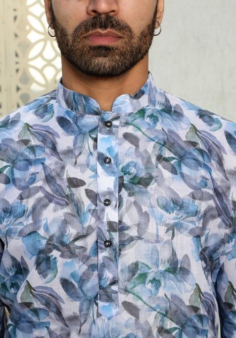 Blue Floral Cotton Kurta For Men