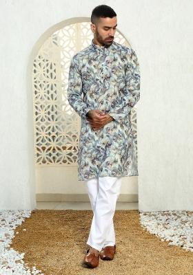 Green Floral Cotton Kurta For Men