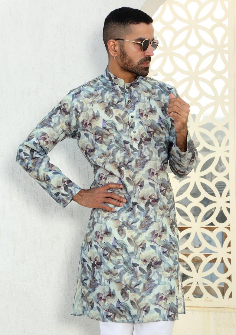 Green Floral Cotton Kurta For Men