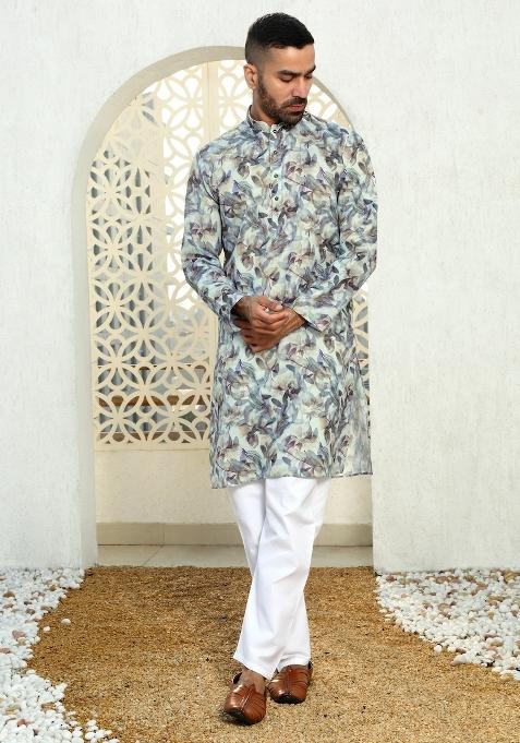 Green Floral Cotton Kurta For Men