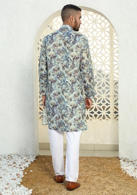 Green Floral Cotton Kurta For Men