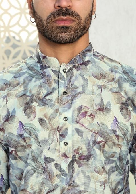 Green Floral Cotton Kurta For Men