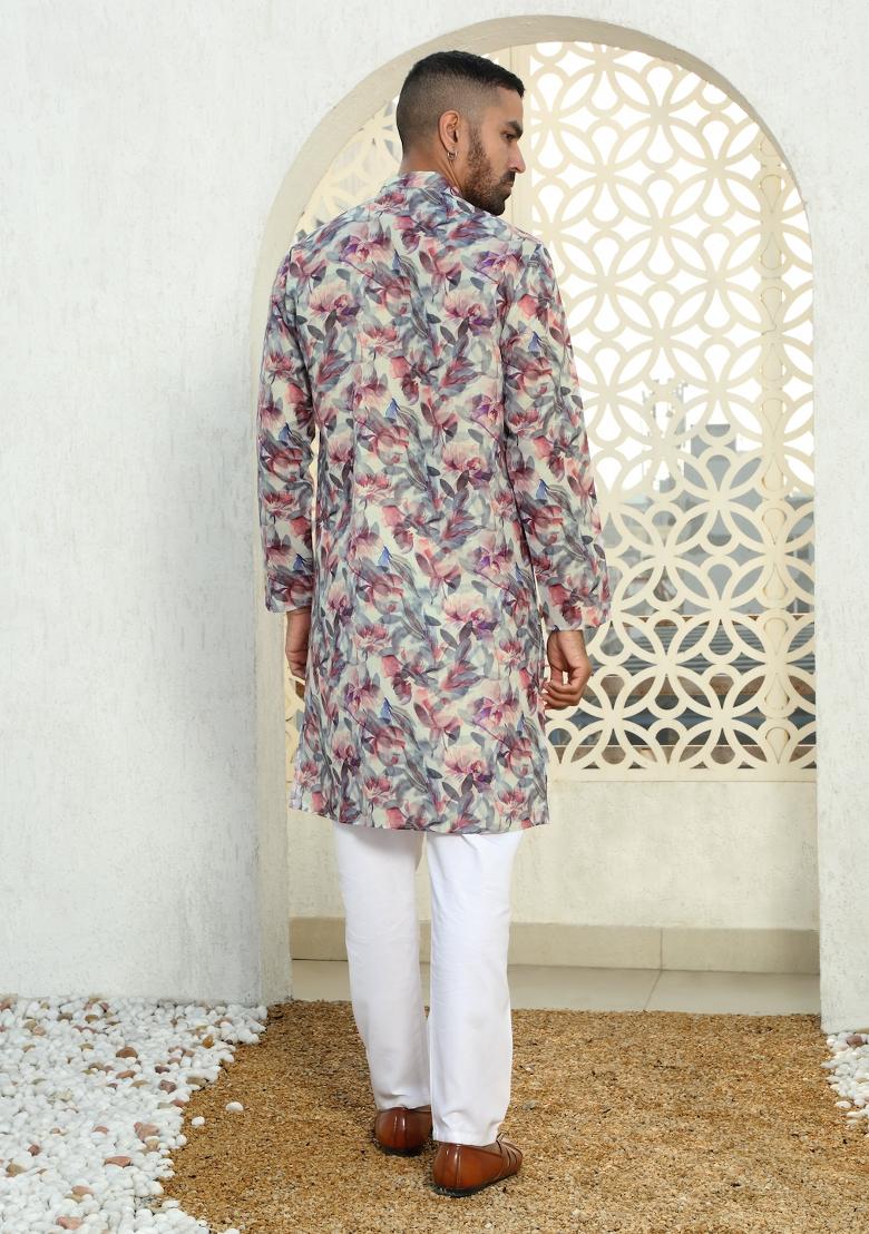 Purple Floral Cotton Kurta For Men