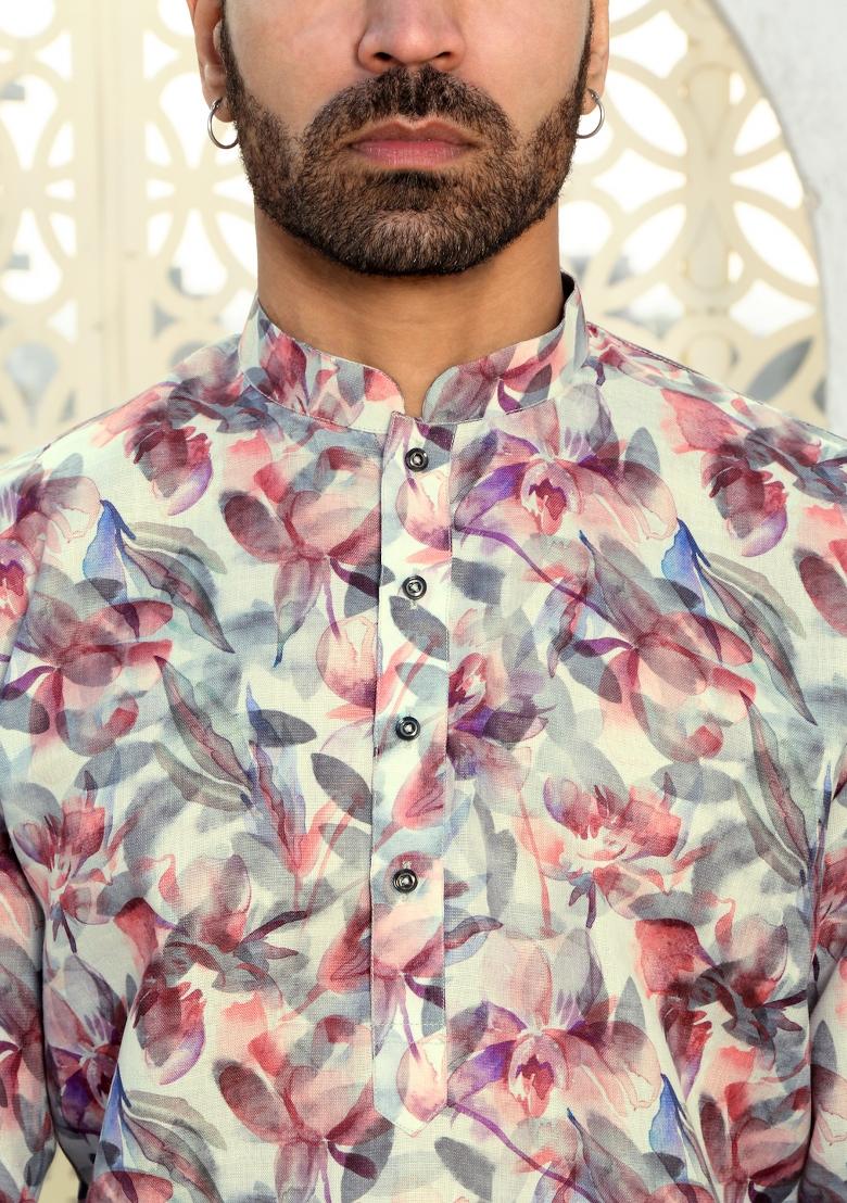 Purple Floral Cotton Kurta For Men