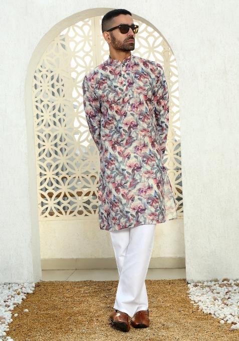 Purple Floral Cotton Kurta For Men — view on Indya