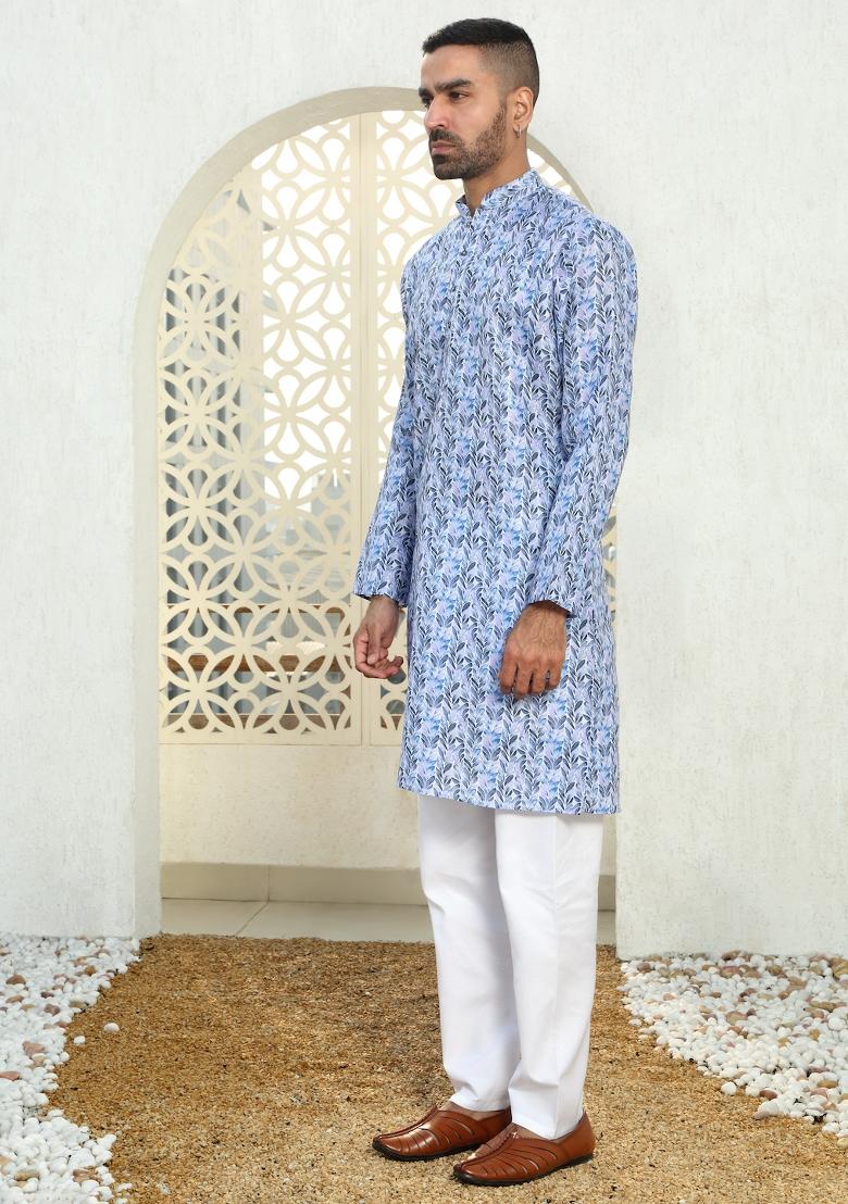 Blue Floral Cotton Kurta For Men