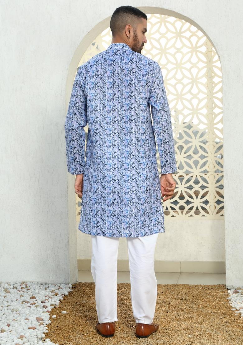 Blue Floral Cotton Kurta For Men