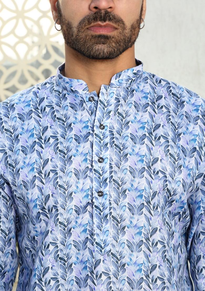 Blue Floral Cotton Kurta For Men