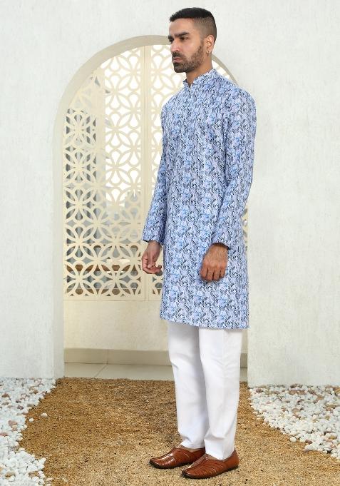 Blue Floral Cotton Kurta For Men