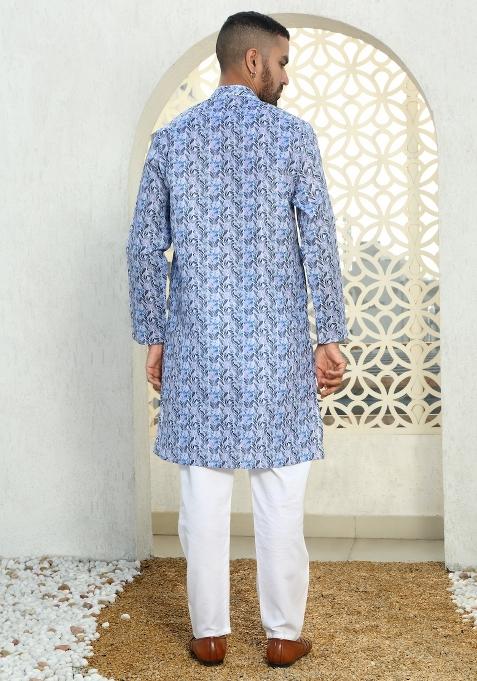 Blue Floral Cotton Kurta For Men