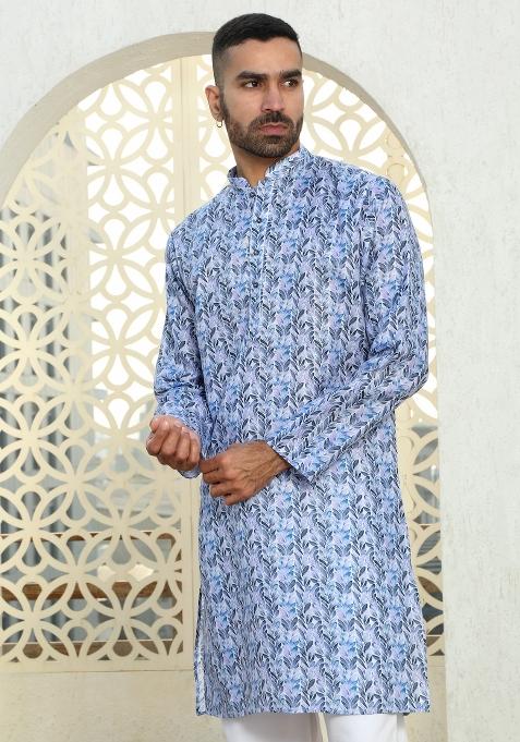 Blue Floral Cotton Kurta For Men