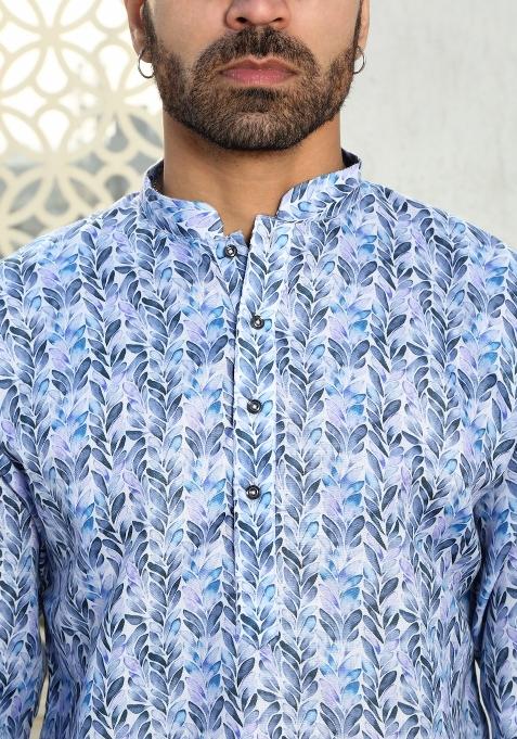 Blue Floral Cotton Kurta For Men