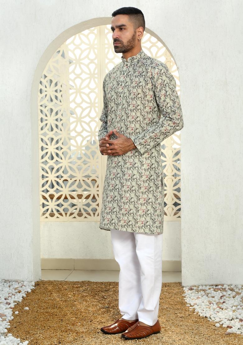 Green Floral Cotton Kurta For Men