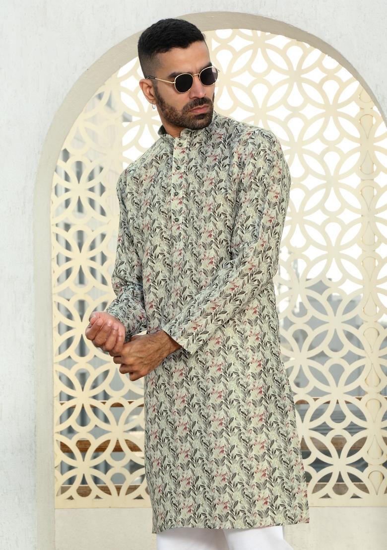 Green Floral Cotton Kurta For Men