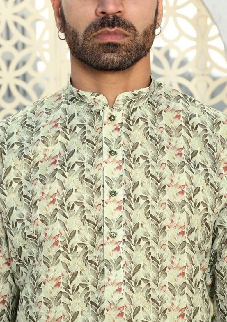 Green Floral Cotton Kurta For Men