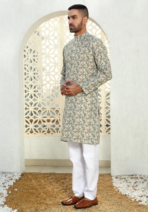 Green Floral Cotton Kurta For Men