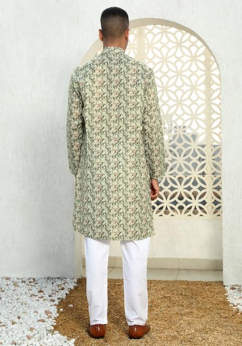 Green Floral Cotton Kurta For Men