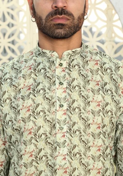 Green Floral Cotton Kurta For Men