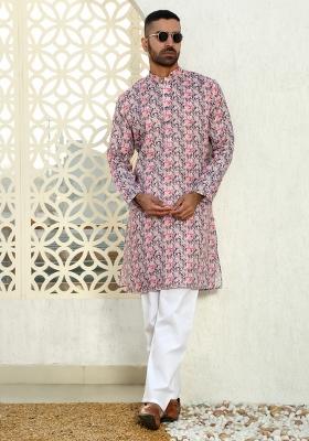 Purple Floral Cotton Kurta For Men