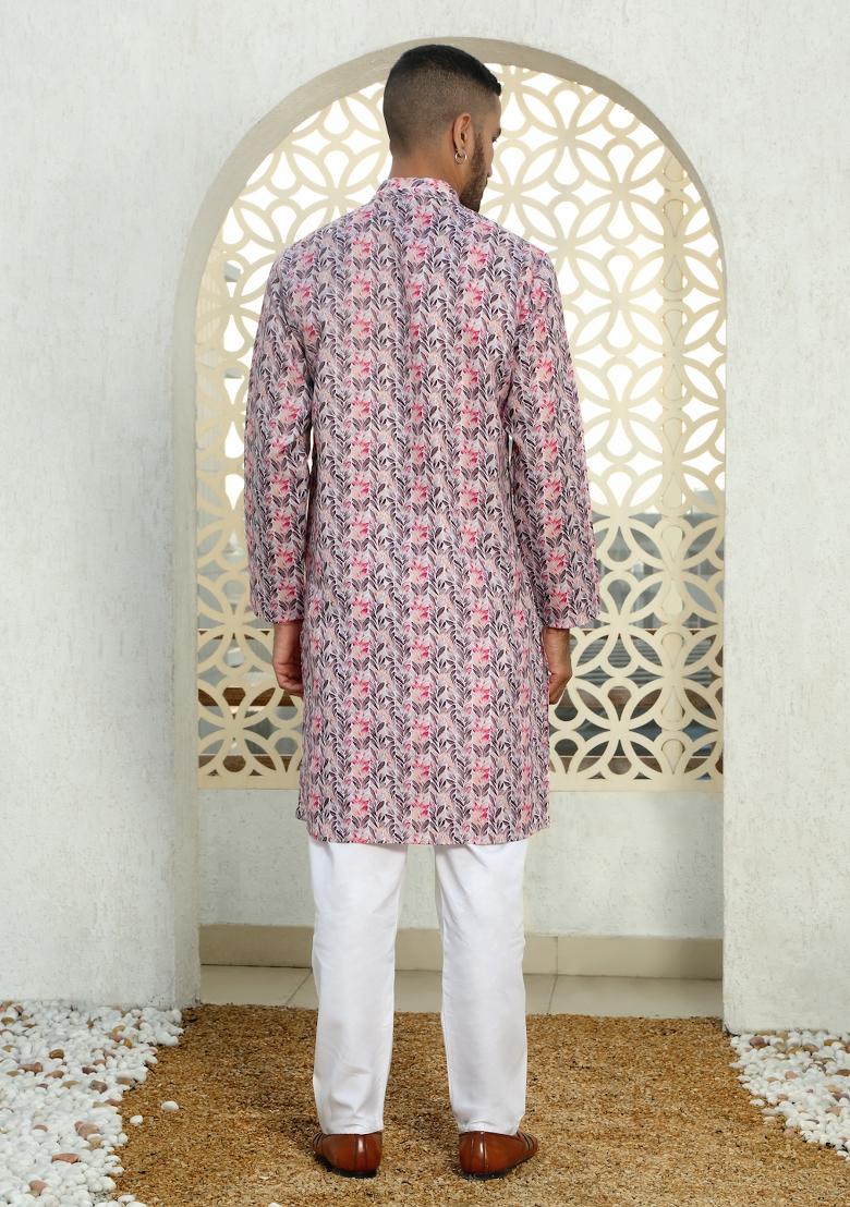 Purple Floral Cotton Kurta For Men