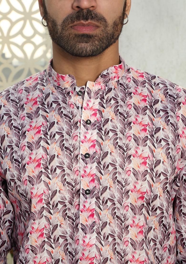 Purple Floral Cotton Kurta For Men