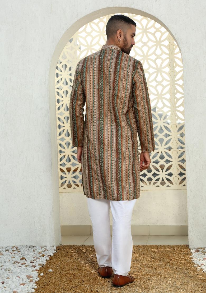 Beige Tribal Cotton Kurta For Men