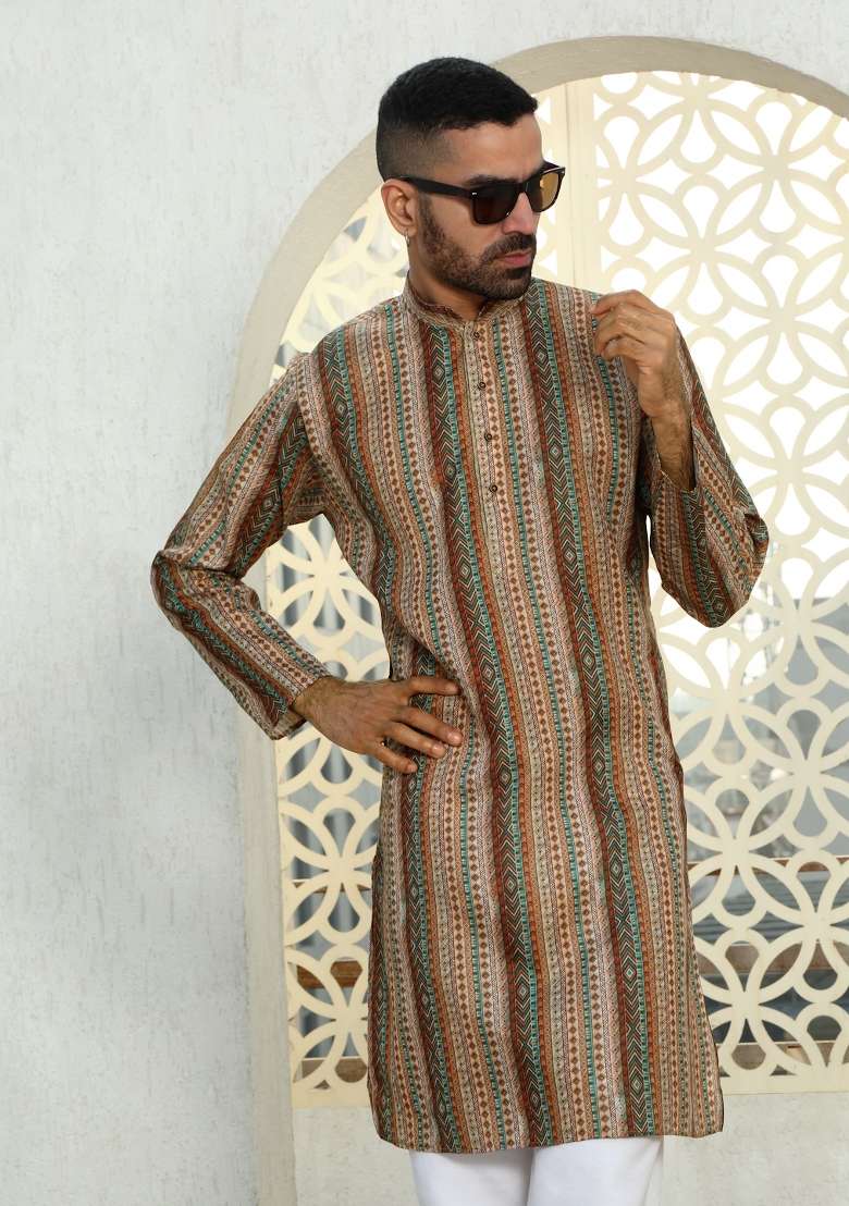 Beige Tribal Cotton Kurta For Men - Indya