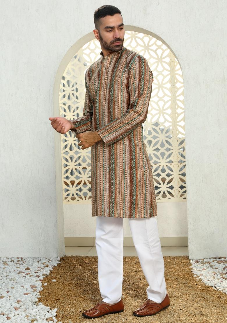 Beige Tribal Cotton Kurta For Men