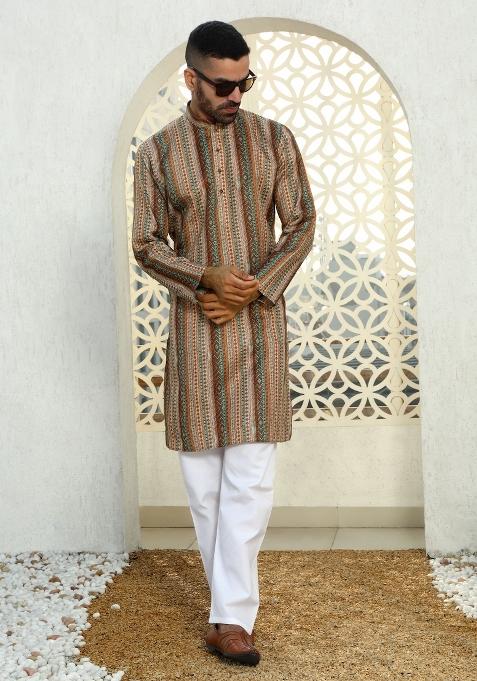 Beige Tribal Cotton Kurta For Men — view on Indya