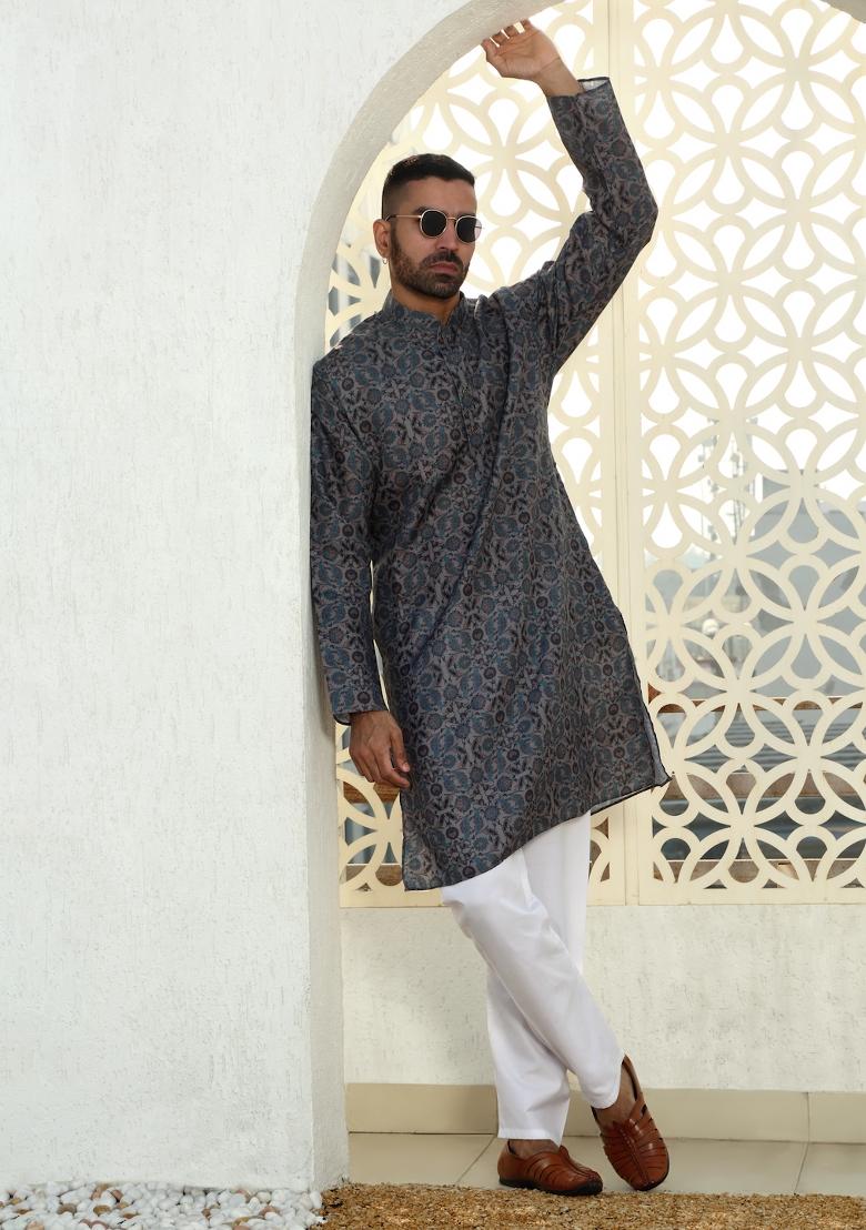 Blue Floral Cotton Kurta For Men