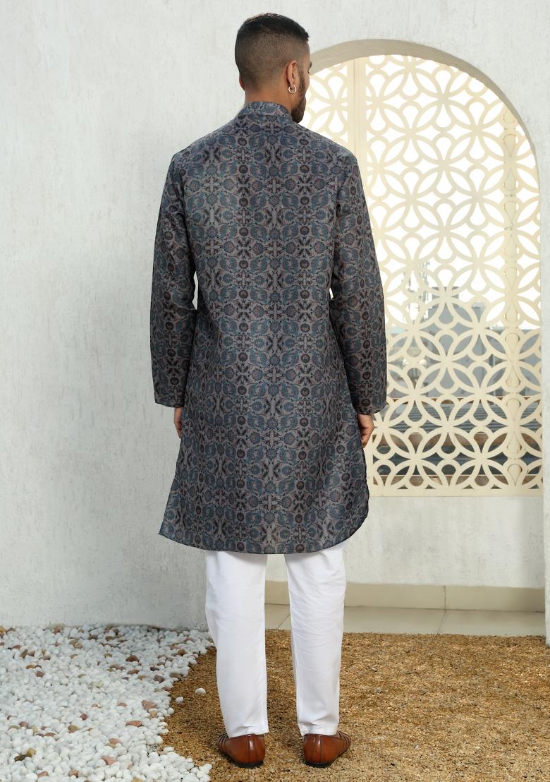 Blue Floral Cotton Kurta For Men