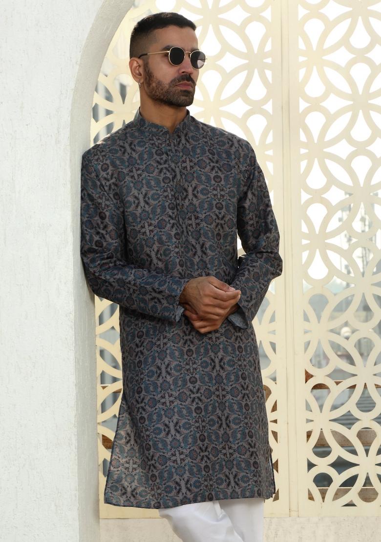 Blue Floral Cotton Kurta For Men