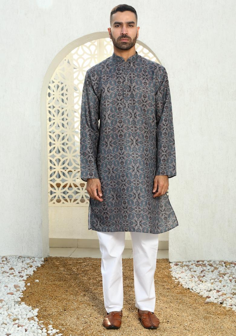 Blue Floral Cotton Kurta For Men