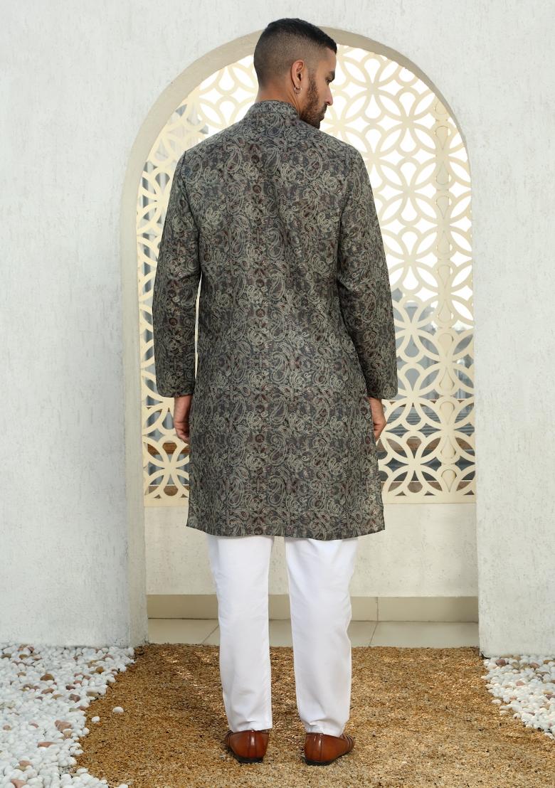 Grey Paisley Cotton Kurta For Men
