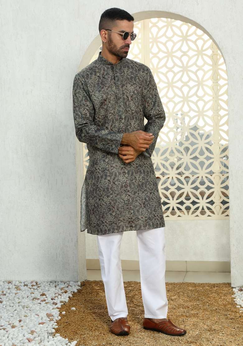 Grey Paisley Cotton Kurta For Men - Indya